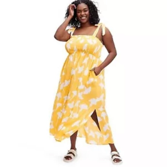 💛‎ Women's Smocked Tie Strap Ginkgo Yellow Midi Dress - DVF x Target XXL - Picture 1 of 7